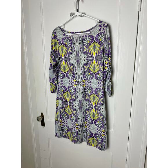 Soybu Ruched 3/4 Sleeve Purple Gray Floral Knit Short Dress Women's Medium - Picture 1 of 7